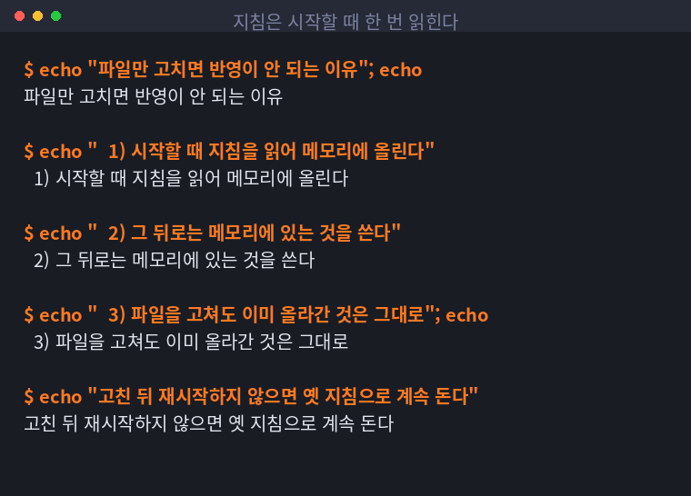 지침이 시작 시 한 번 읽혀 메모리에 올라가는 구조를 정리한 터미널 화면