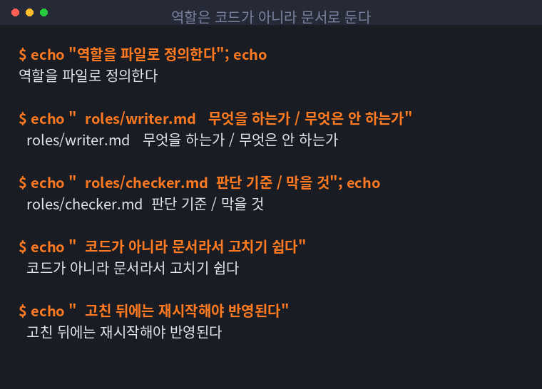 역할을 문서 파일로 분리한 구조를 정리한 터미널 화면