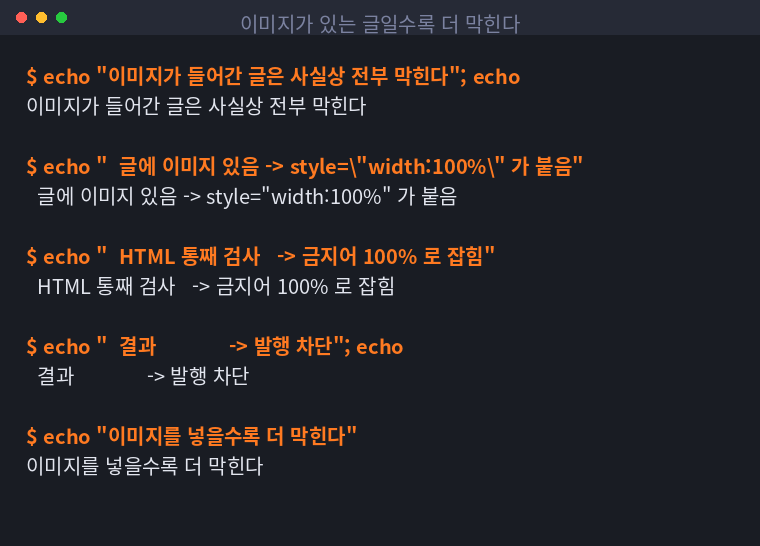 이미지가 들어간 글이 전부 차단되는 흐름을 정리한 터미널 화면