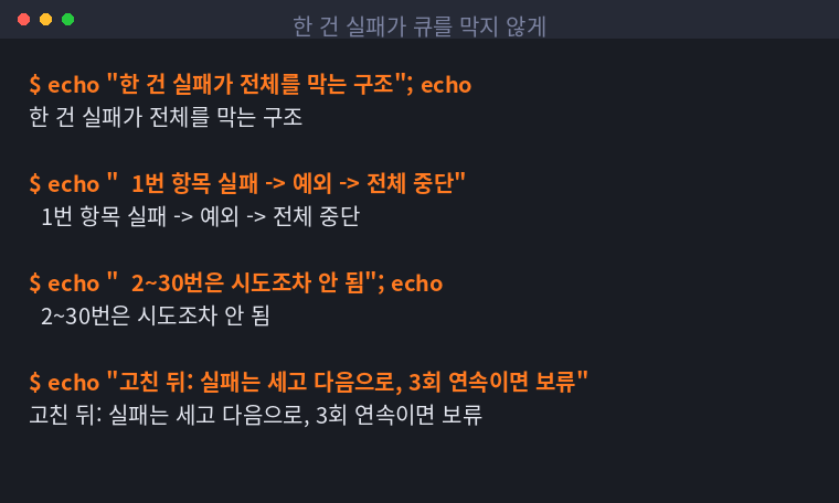 한 건 실패가 나머지 전부를 막는 구조를 정리한 터미널 화면