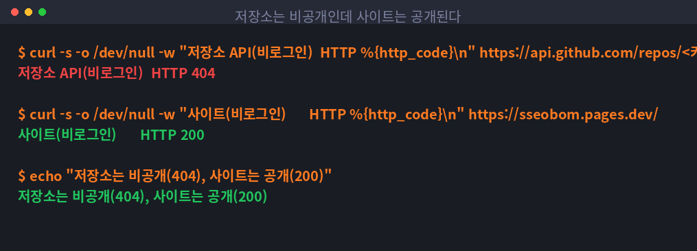 저장소 API는 404, 사이트는 200을 돌려주는 터미널 화면
