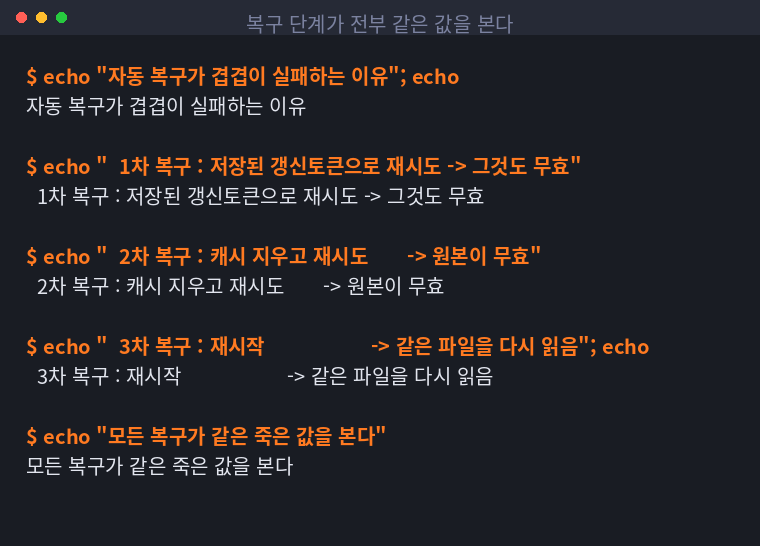 복구 단계들이 모두 같은 무효 토큰을 다시 읽는 구조를 정리한 터미널 화면