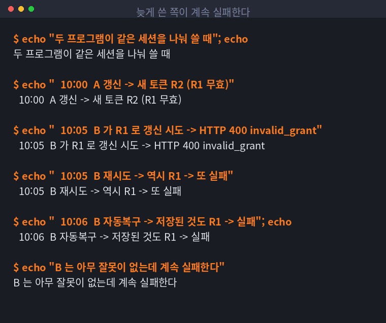한쪽이 갱신한 뒤 다른 쪽이 계속 실패하는 시간 순서를 정리한 터미널 화면