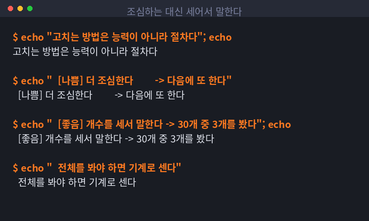 조심하는 방식과 세어서 말하는 방식을 비교한 터미널 화면