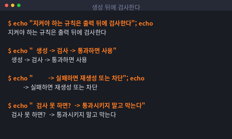 생성 뒤 검사해서 통과 여부를 가르는 구조를 정리한 터미널 화면