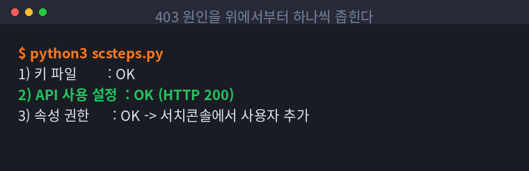 키 파일·API 사용 설정·속성 권한을 위에서부터 하나씩 확인하는 터미널 화면