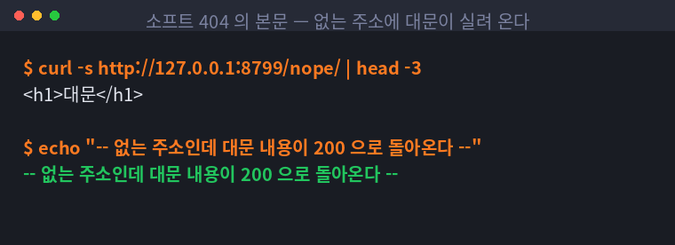 없는 주소 요청에 대문 HTML이 200으로 돌아오는 터미널 화면