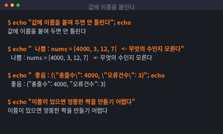 값에 이름을 붙여 다루는 방식과 그렇지 않은 방식을 비교한 터미널 화면