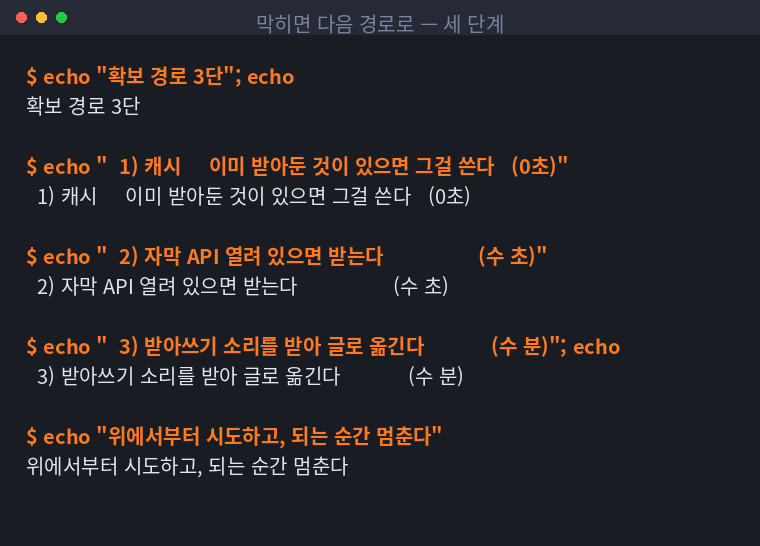 캐시·자막·받아쓰기 세 단계를 순서대로 시도하는 방식을 정리한 터미널 화면